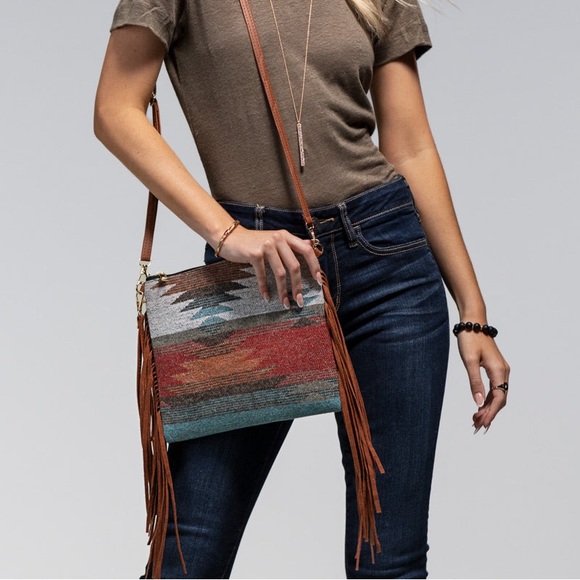 Private Label Handbags - Boho Aztec Western Fringe Crossbody Bag